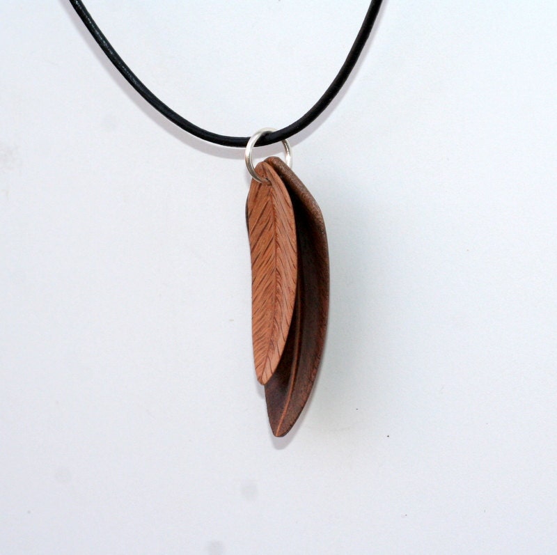 Handcarved Black Walnut and Red Oak  Double Leaf / Feather Pendant  J120211
