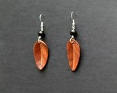 Handcarved Black Walnut and Mahogany Wood  Leaf / feather  Earrings J120345