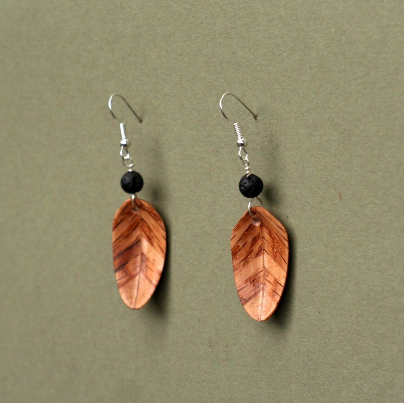 Handcarved Red Oak, Maple and Mahogany  Wood Leaf / Feather Earrings  J120520