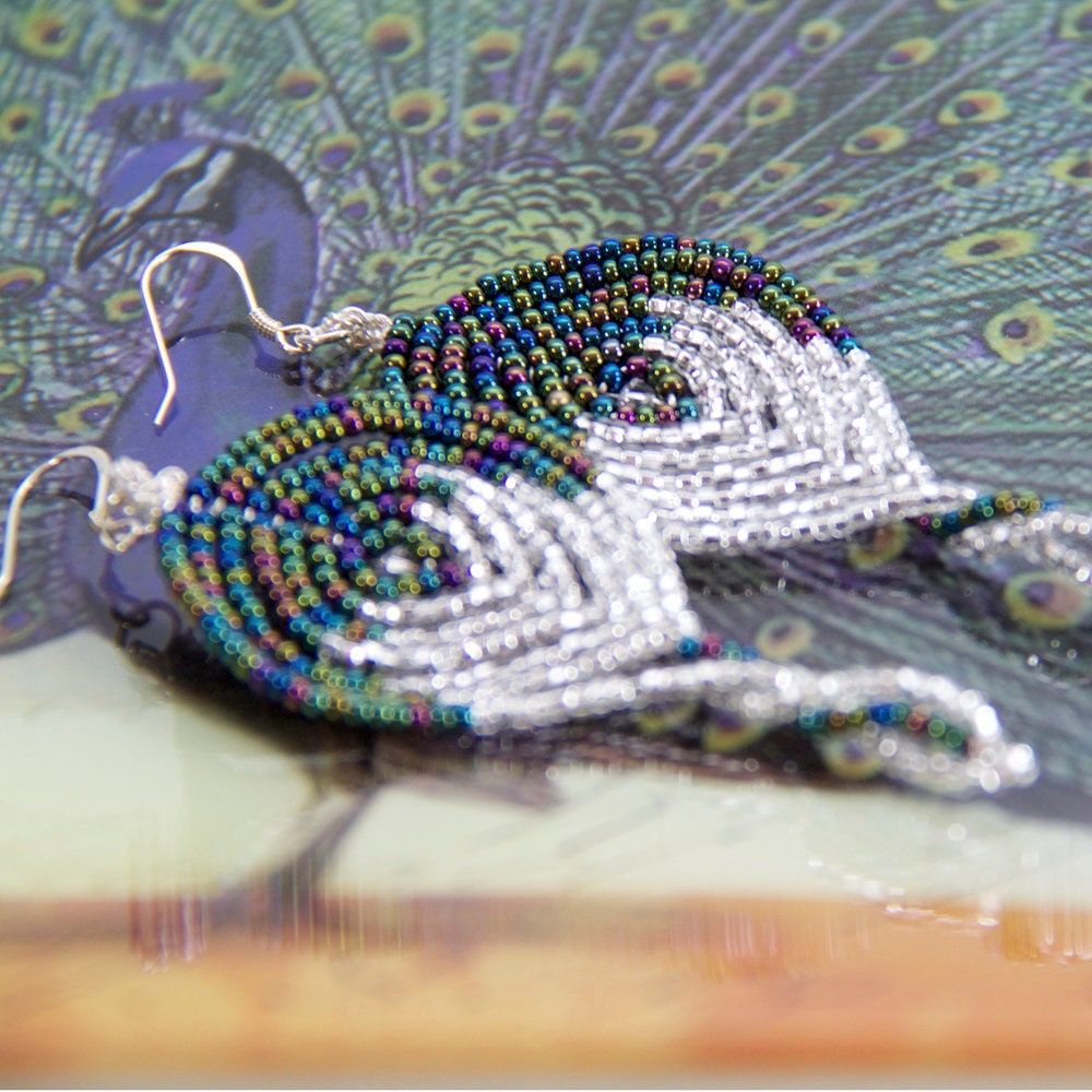 Mila - French beaded peacock feather earrings, sterling silver