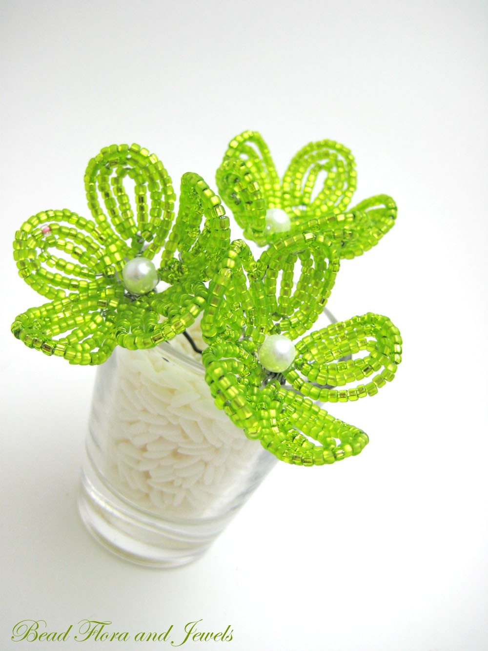 flower girl beaded flower hair pins, green apple blossom - for brides, bridesmaids, flower girls- lime citrus, Chartreuse disco
