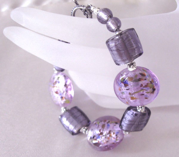 Lavender Confetti Lampwork Bracelet, Glass Beads Sterling Silver