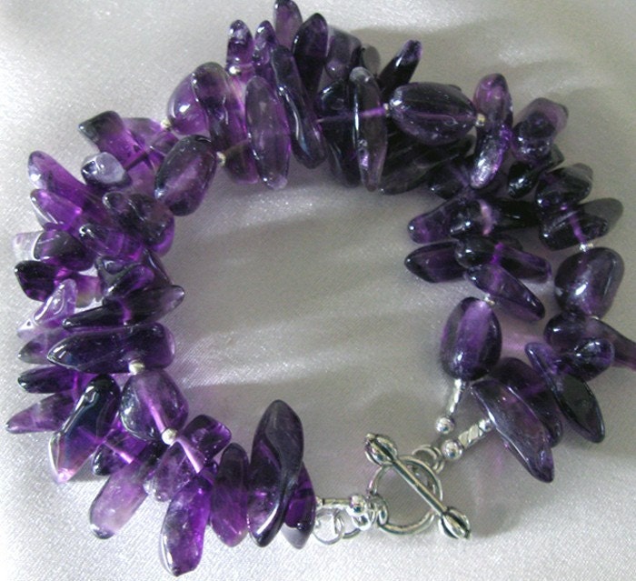 Amethyst Gemstone Bracelet, Polished Points Double Strand Sterling Silver