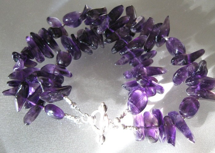 Amethyst Gemstone Bracelet, Polished Points Double Strand Sterling Silver