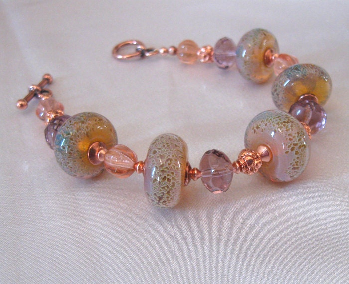 Lampwork Glass Bracelet, Copper and Art Glass Beads, Dawn to Sunset