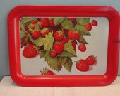 Vintage Large Serving Tray  - TV Tray Metal Strawberry Design Red Green