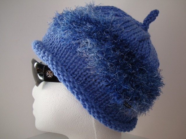 Soft and Cozy Knitted Hat with Fuzzy Novelty Yarn in Blues