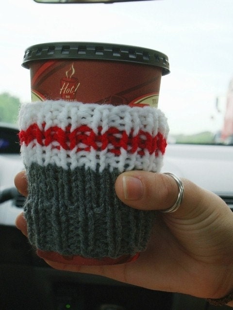 Work Sock Coffee Cozy Handknit Cup Cosy Take-Out Sleeve - gift idea featured in Canadian House & Home Magazine - sock monkey love