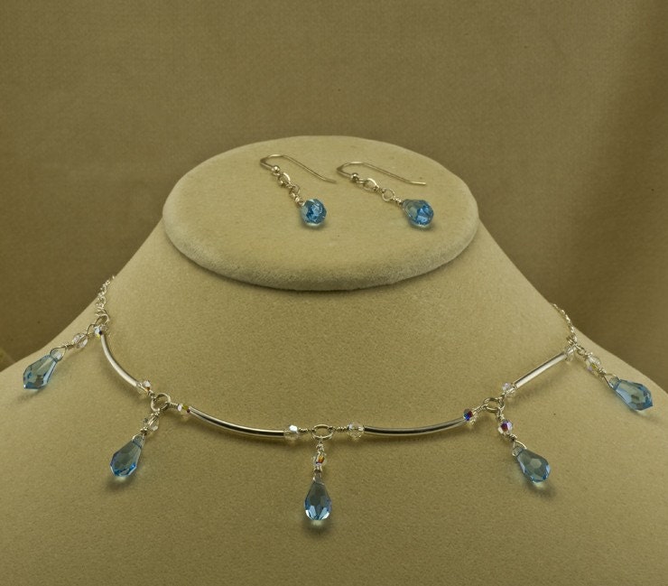 Silver Necklace with Curved Links & Crystal Drops