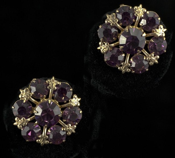 Purple Rhinestone Vintage Screwback Earrings
