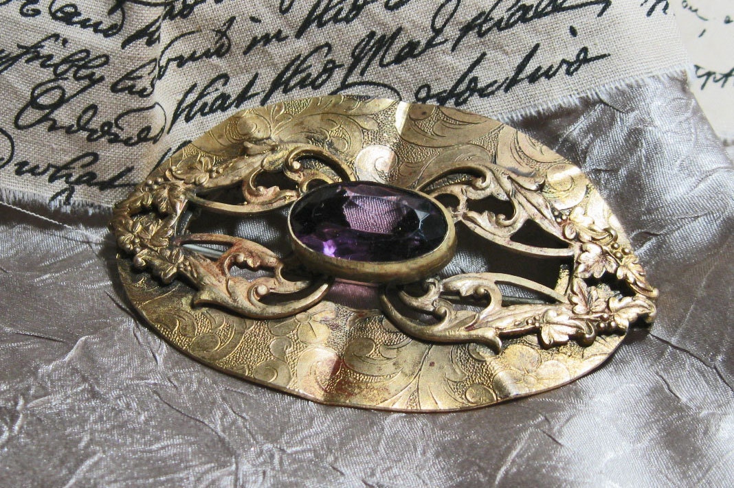 Vintage Victorian Sash Pin Amethyst and Brass