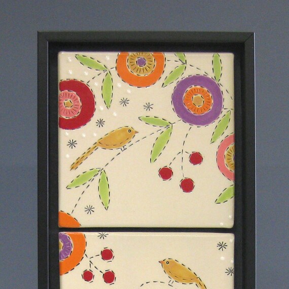 Handmade Ceramic Tile Tryptich - Gold Birds and Circle Flowers - Wallhanging - Wall Art - Framed