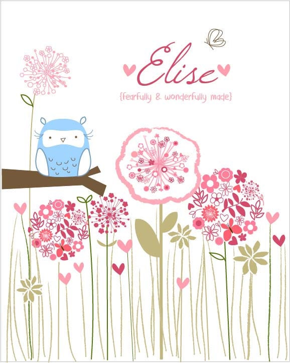 Personalized...Owl and Flowers....Fearfully and wonderfully made 8 by 10 print