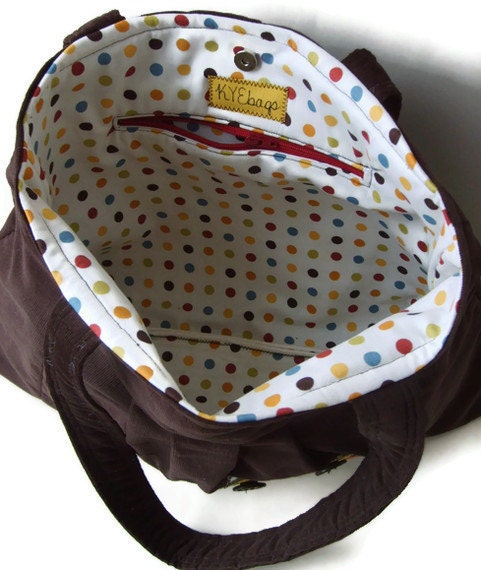 Brown Corduroy Owl Purse with Polka Dot Interior