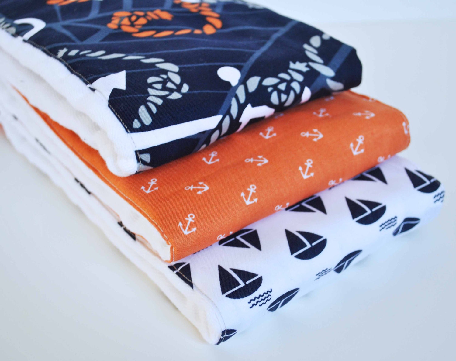 ANCHORS and SAILBOATS........ (3) very ABSORBENT 100% cotton baby burp cloths with coordinating fun cotton print......very useful gift