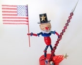 Vintage Patriotic Uncle Sam Decoration Wood Beads Vintage Flag Spun Cotton