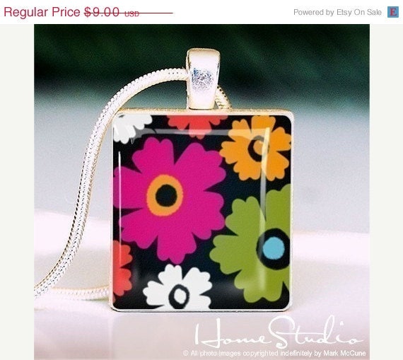 Memorial Day Sale: Petal Pop (Black) - a pendant charm made with a wood Scrabble tile game piece