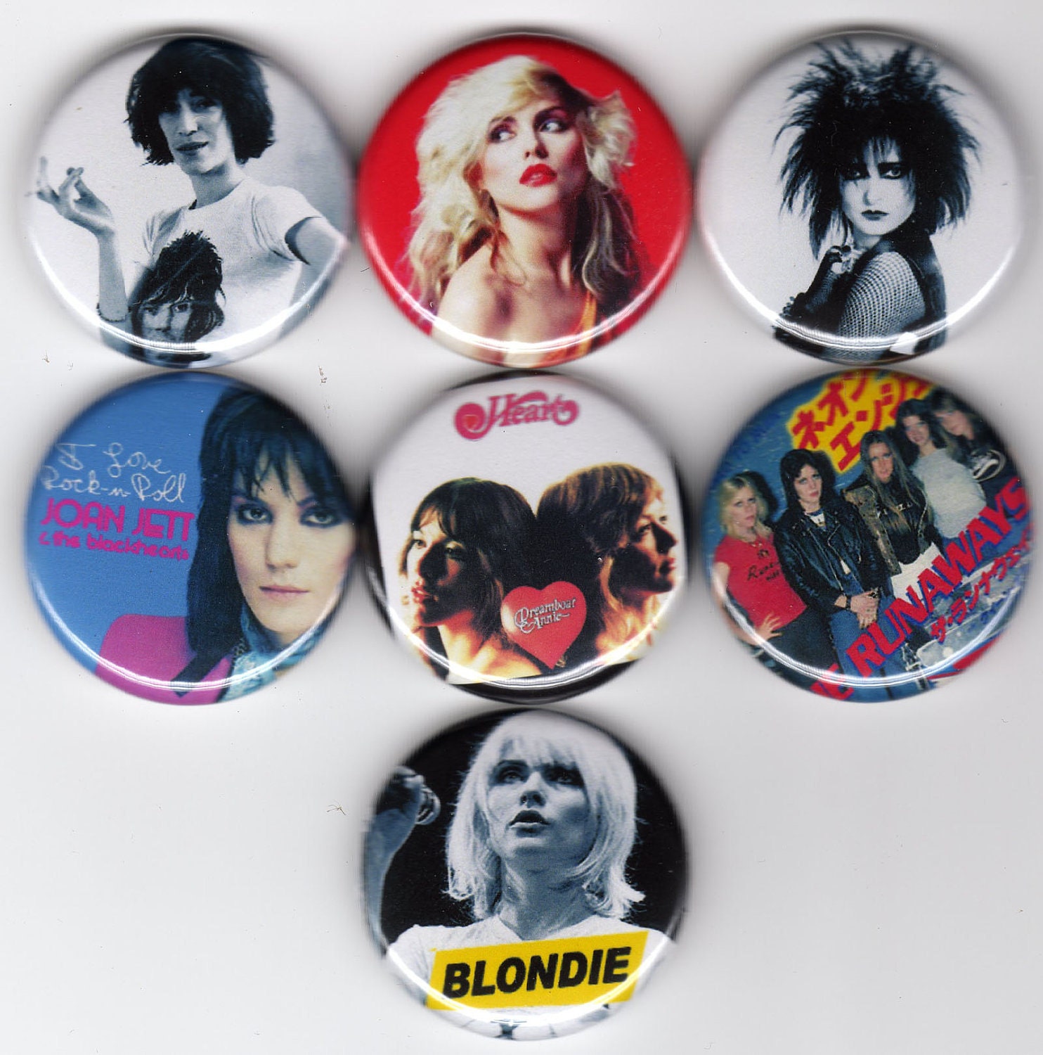 The Women of Rock 7 one inch pinback/badges/buttons 80s rock and roll riot grrl