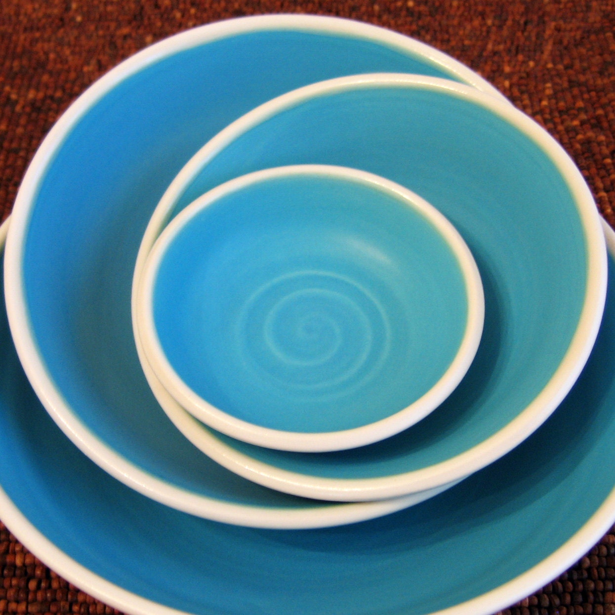 Turquoise Nesting Bowls - Large Set of Stoneware Pottery Serving Bowls