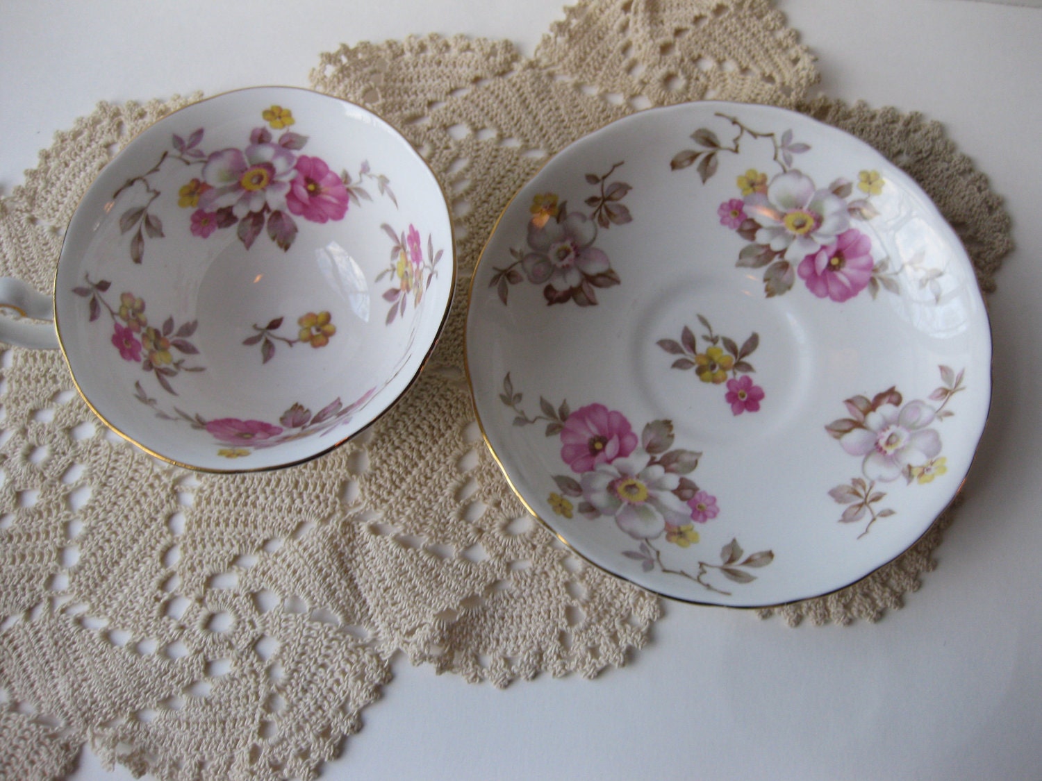 Vintage Royal Chelsea English Bone China Pink White Floral Teacup & Saucer