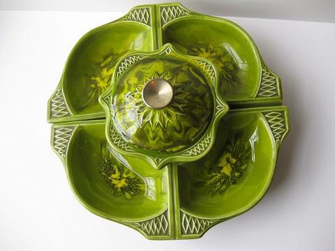 Sale Vintage Avocado Green and Yellow Retro Calif Orig Ceramic Lazy Susan Set