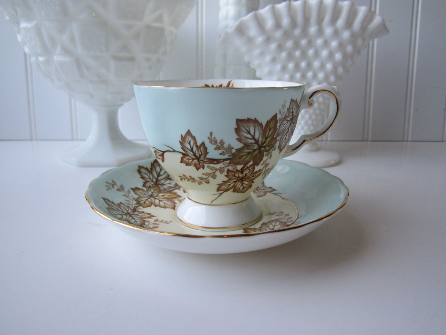 Vintage Tuscan English Bone China Aqua Tan Leaf Teacup & Saucer