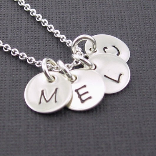Quadruple Initial Round Charm Pendant Necklace - Custom Hand Stamped Teeny Tinies - Your Choice of Four Initials - Custom Fonts