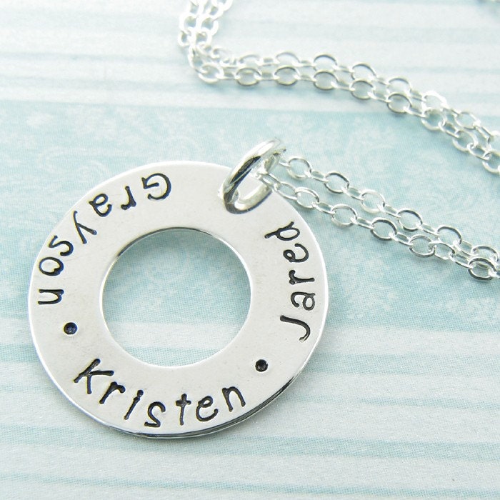 Silver Washer Necklace - Circle Pendant - Custom Hand Stamped Personalized Charm - Family Name Necklace - Fashion Jewelry