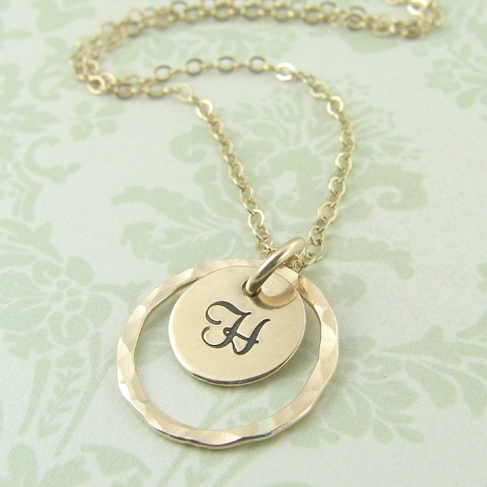 Custom Initial Pendant Gold Filled Hammered Circle Necklace - Hand Stamped - Custom Fonts - Your Choice of Letter