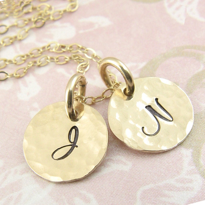 Initial Charm Necklace Gold - Hammered  - Your Choice of Two Initials - Hand Stamped