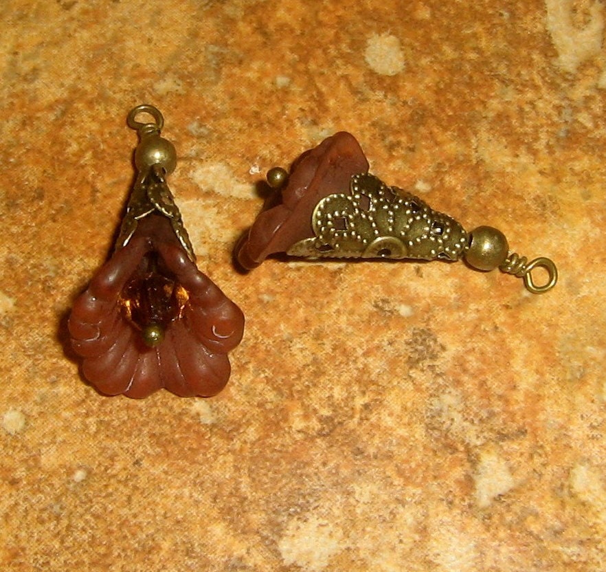 Vintage Style Bead Drop Dangles (b127)  - Chocolate Brown Lucite Flowers, Swarovski Crystals, and Antiqued Brass