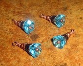 Vintage Style Bead Drop Dangles (c87) - Aqua Glass Bell Flowers, and Antiqued Copper