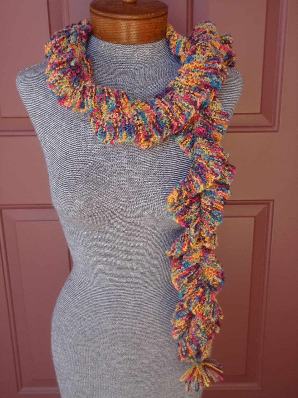 Hand knitted, multi-color ruffle scarf/cowl for versatile year round wear