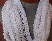 Versatile long, white, knitted,  cotton/sparkle cowl/infinity scarf for year round wear