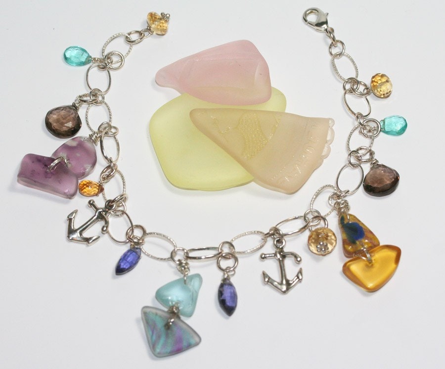 Sailboat Sterling Charm Bracelet Gemstones and Antique Glass