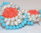 1950s Vintage Rendition Button Earrings with Contemporary Design in Turquoise, Pearly White Pearls and Coral