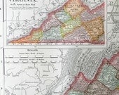 1897 Original Victorian  Antique Color Map of  Virginia and West Virginia