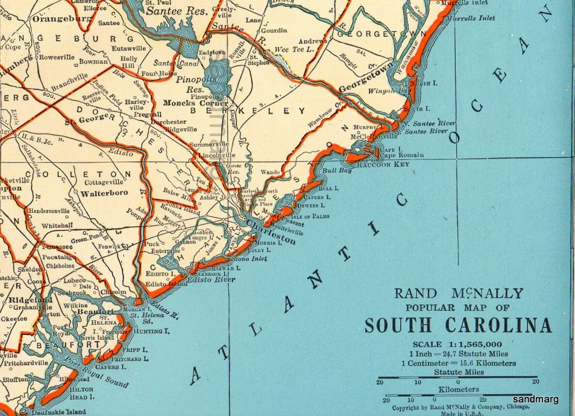 1947 Rand McNally Popular Map of South Carolina by sandmarg