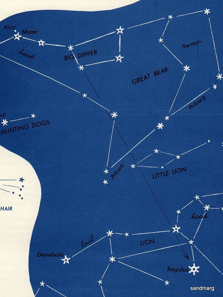 1952 Star Constellation Chart Great Bear Lion Leo Hunting Dogs Little Lion