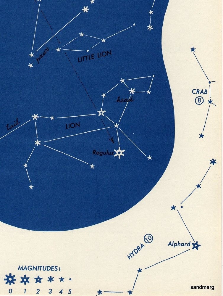 1952 Star Constellation Chart Great Bear Lion Leo Hunting Dogs Little Lion