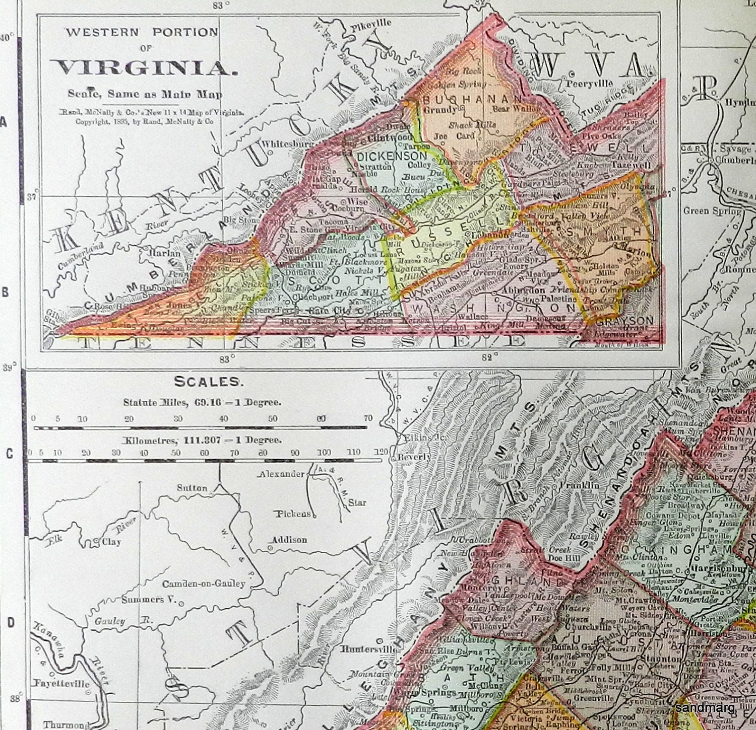 1897 Original Victorian  Antique Color Map of  Virginia and West Virginia