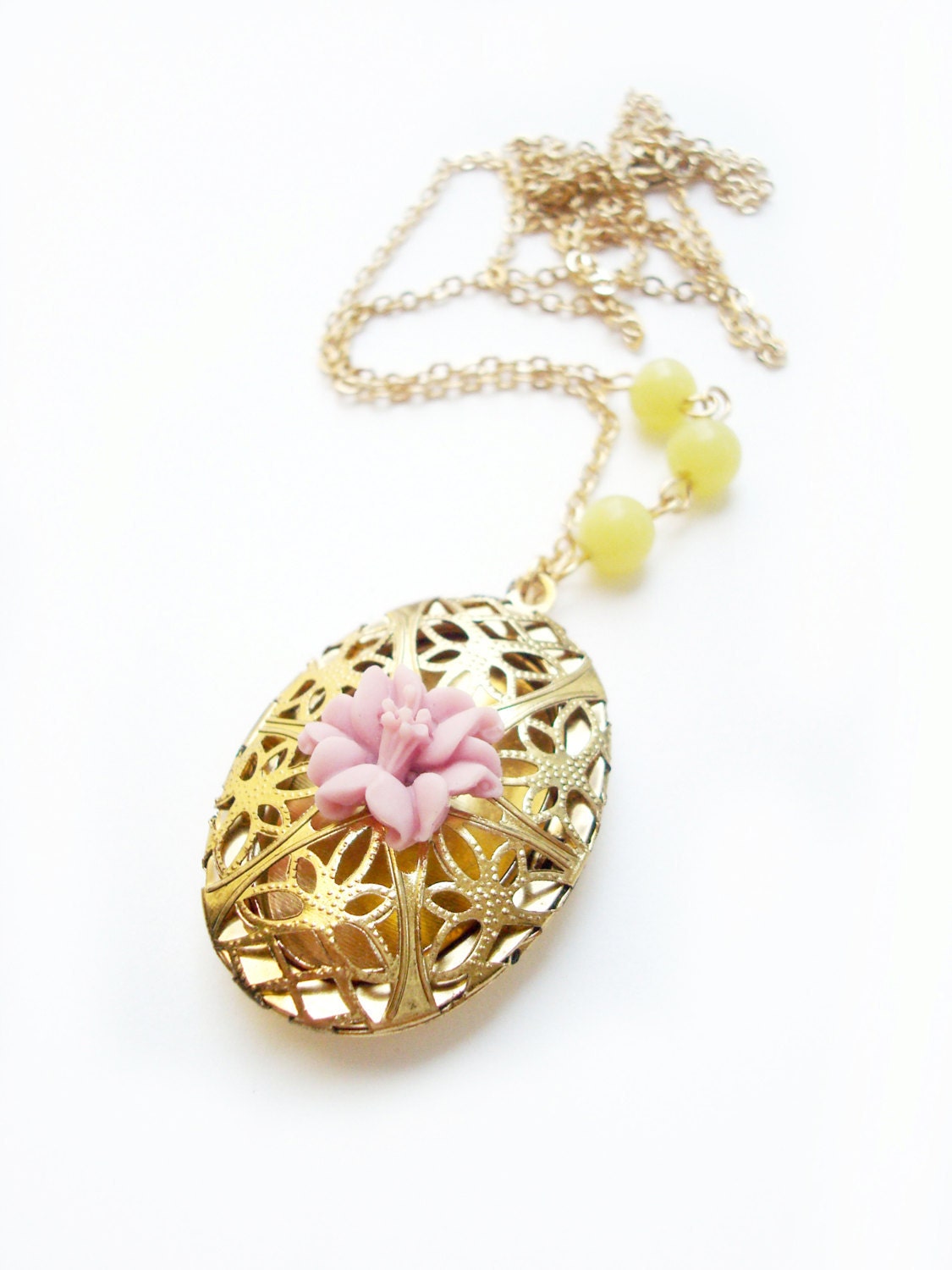 Golden Cage Oval Locket With Lime Beads And Lavender Lily