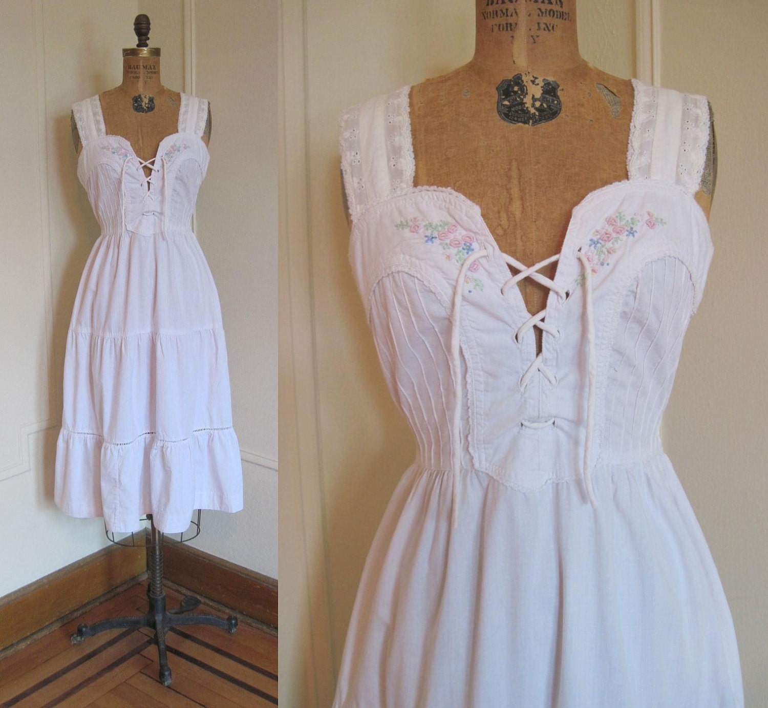 1980s White Cotton Halter Dress with Embroidered Flowers - made in India -  vintage size 7/8 - small to medium
