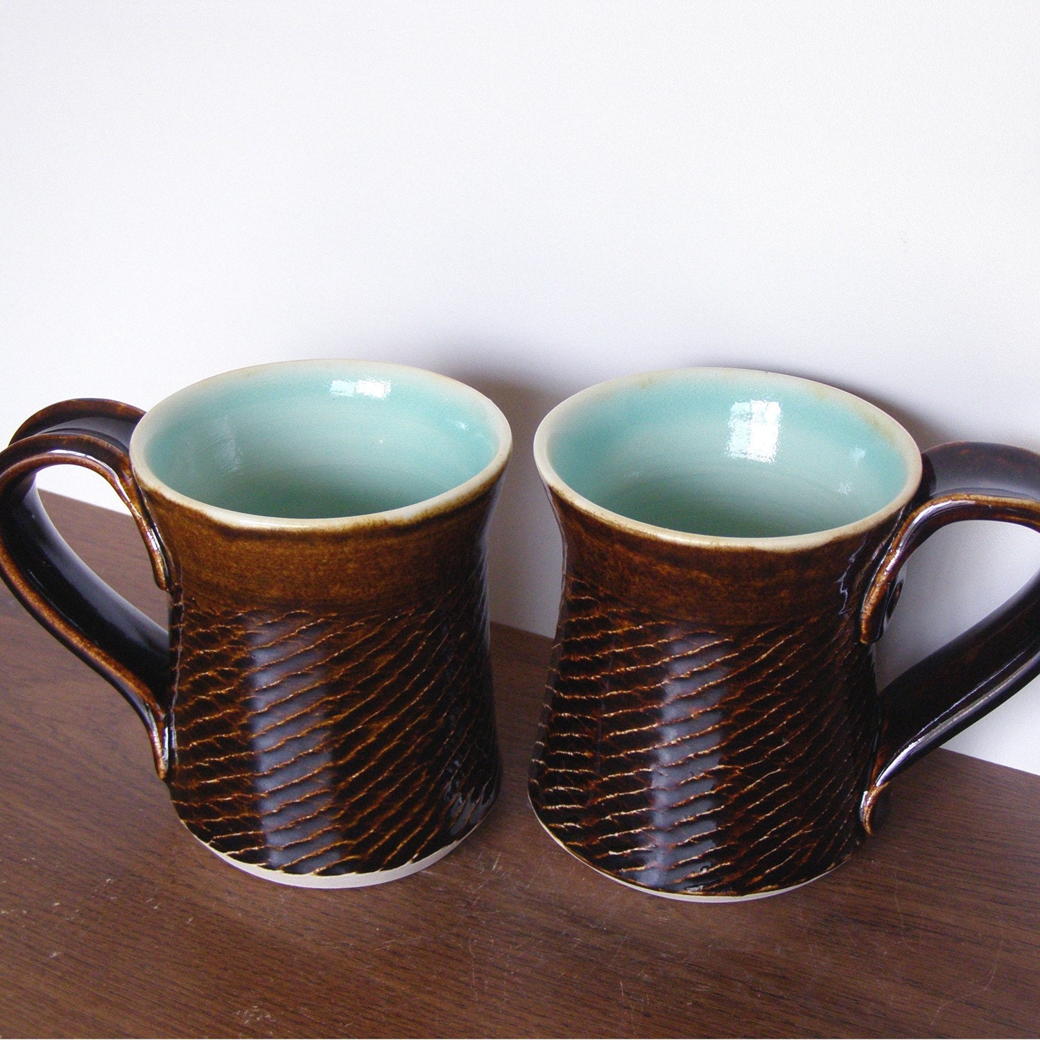 2 Brown and Blue Mugs