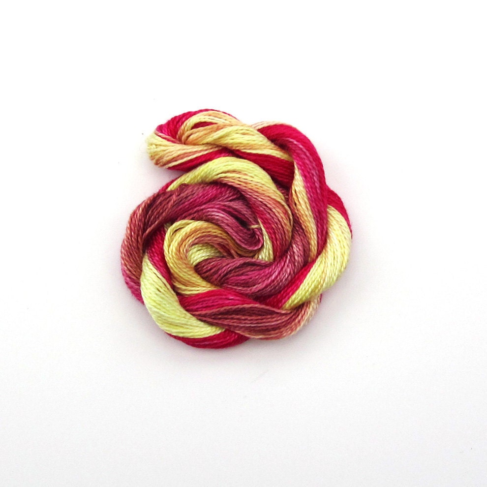 Hand dyed cotton perle 8 embroidery yarn, 30m skein - cream, light yellow, bright pink, raspberry, light brown