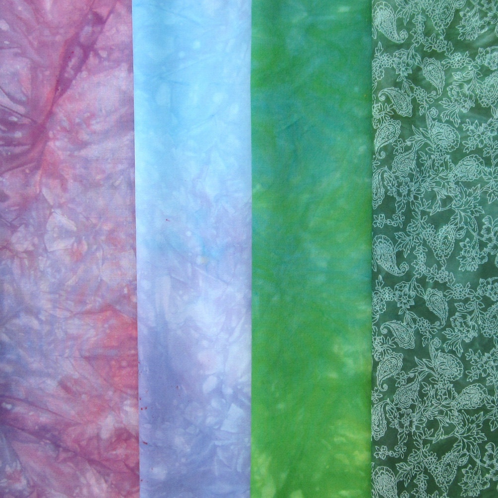 Hand dyed cotton fabric bundle - 4 fat quarters - mauve, purple, violet, lavender, bright green, emerald, blue, dark green, spring