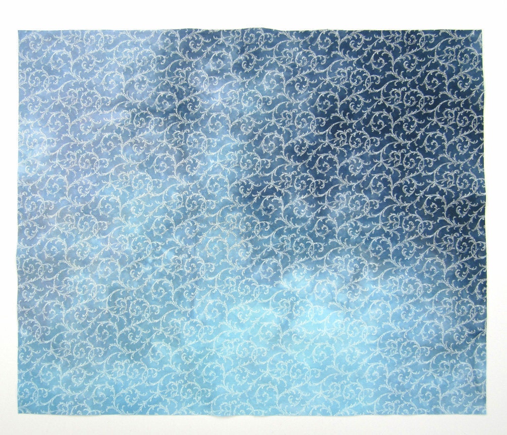 Hand dyed cotton fat quarter - dark blue, light blue, blue grey, navy blue - white scroll design
