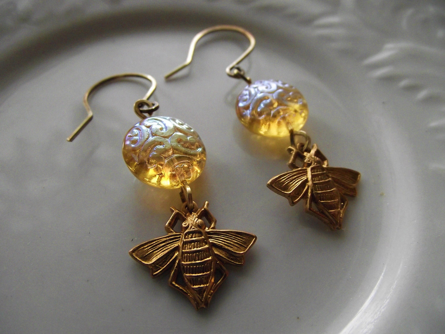 Raw Honey....Brassa nd glass earrings