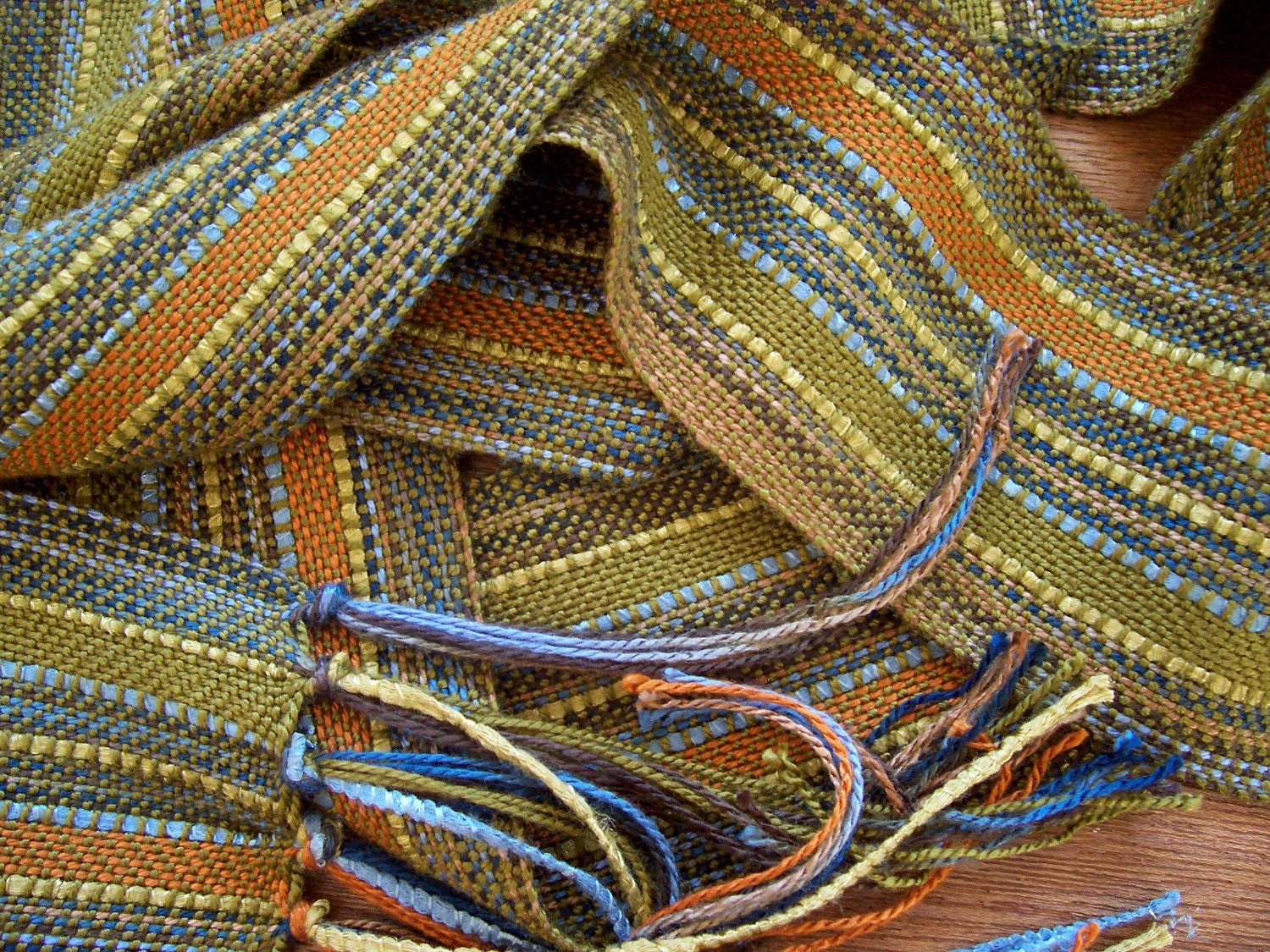 handwoven scarf, olive with bamboo ribbon lariat