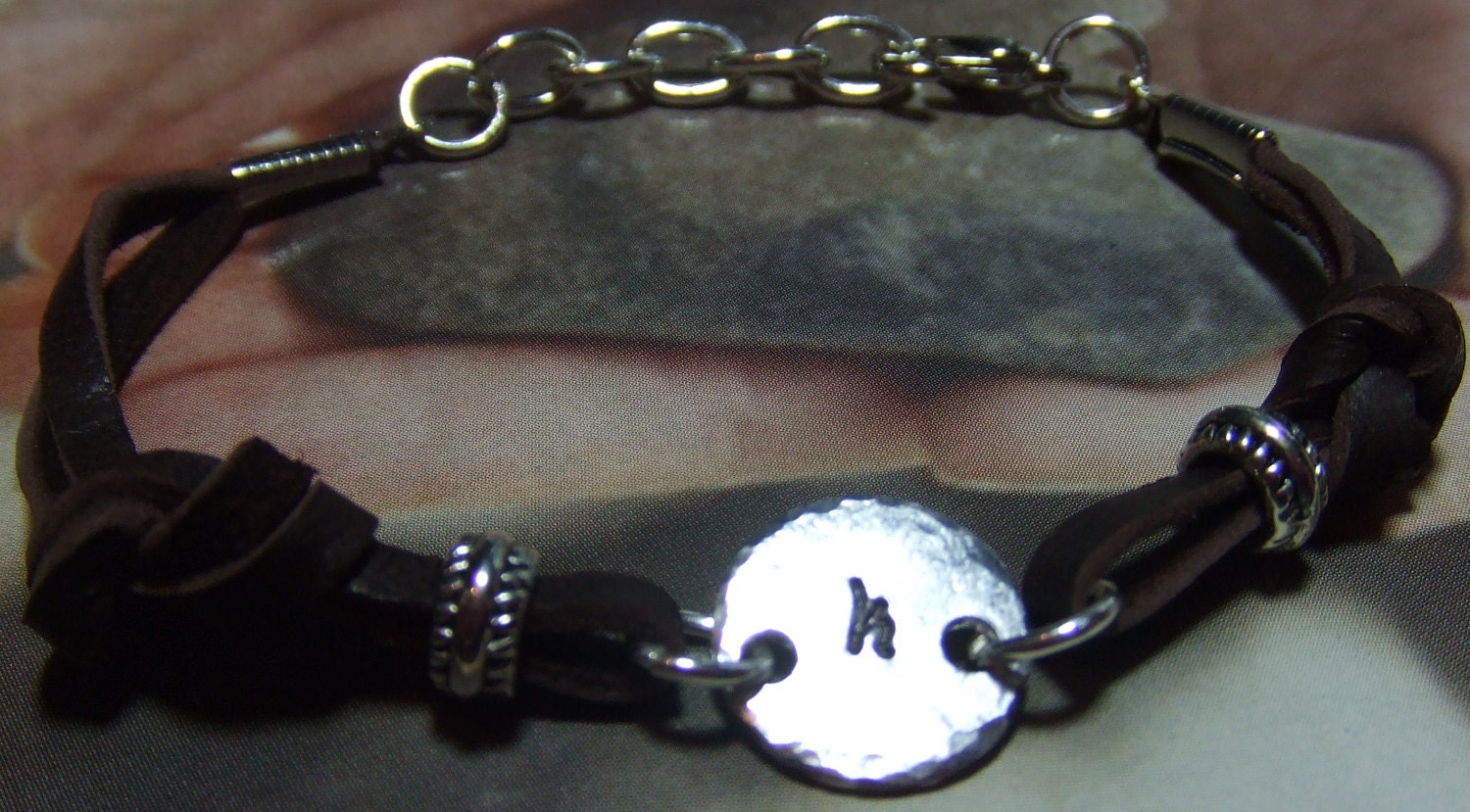 Personalized  Handstamped Aluminum and Leather Bracelet - Initially Yours